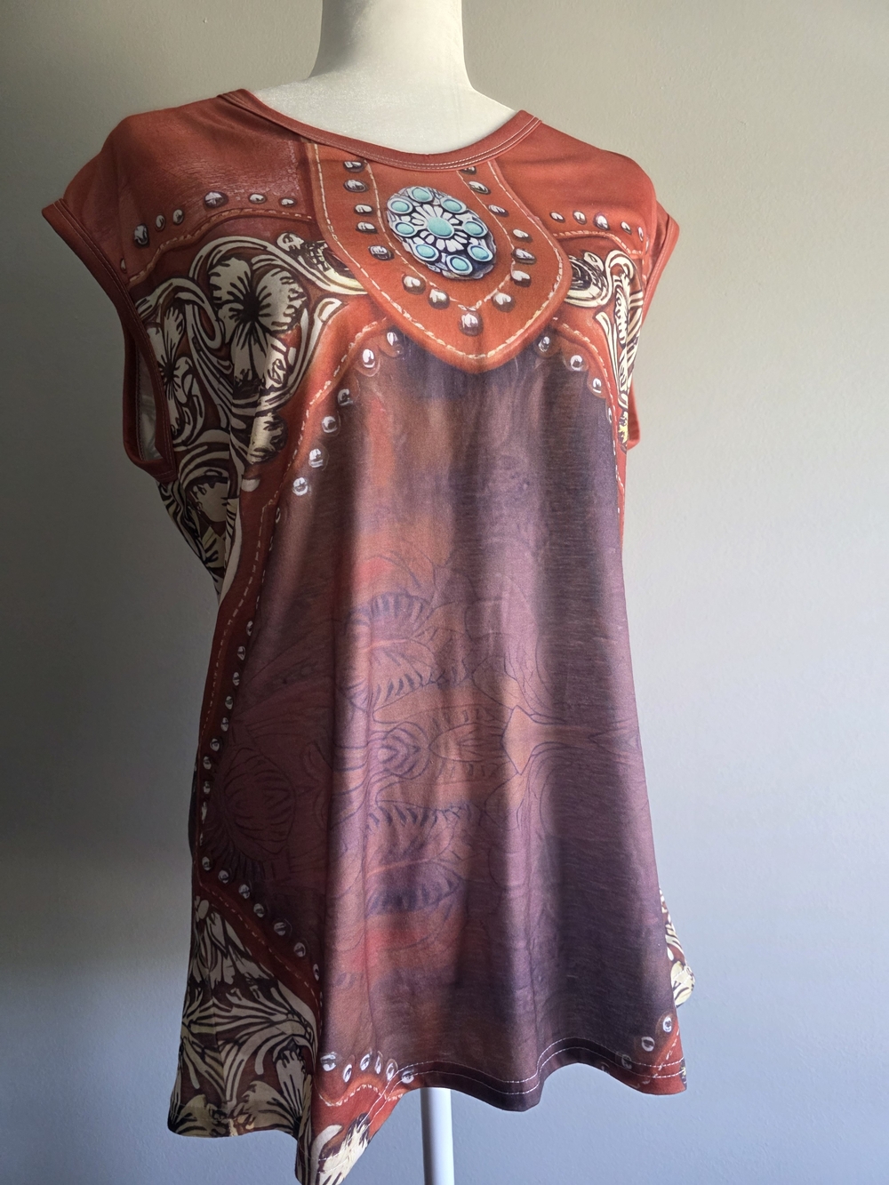 Women’s Large Western Cowgirl Saddle Print Tunic Top Rust Brown Turquoise